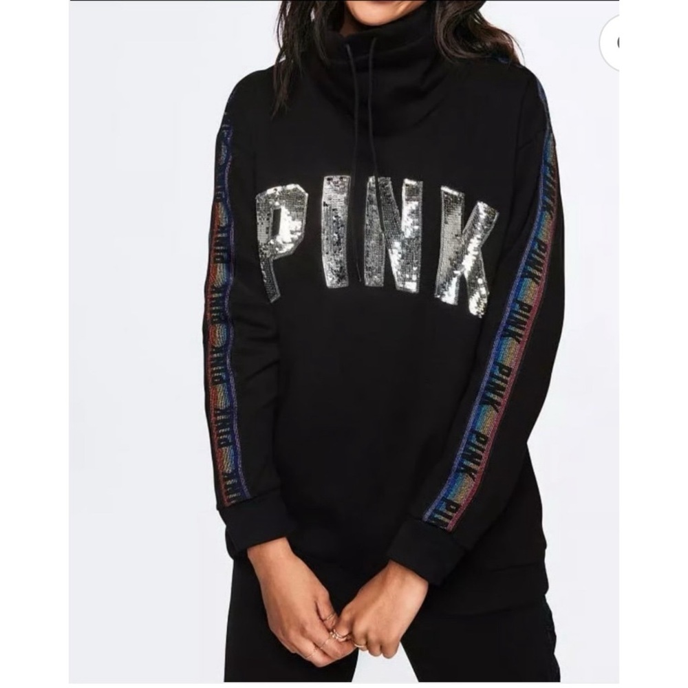 PINK Victoria’s Secret black pullover sweatshirt sequin bling front rainbow arms